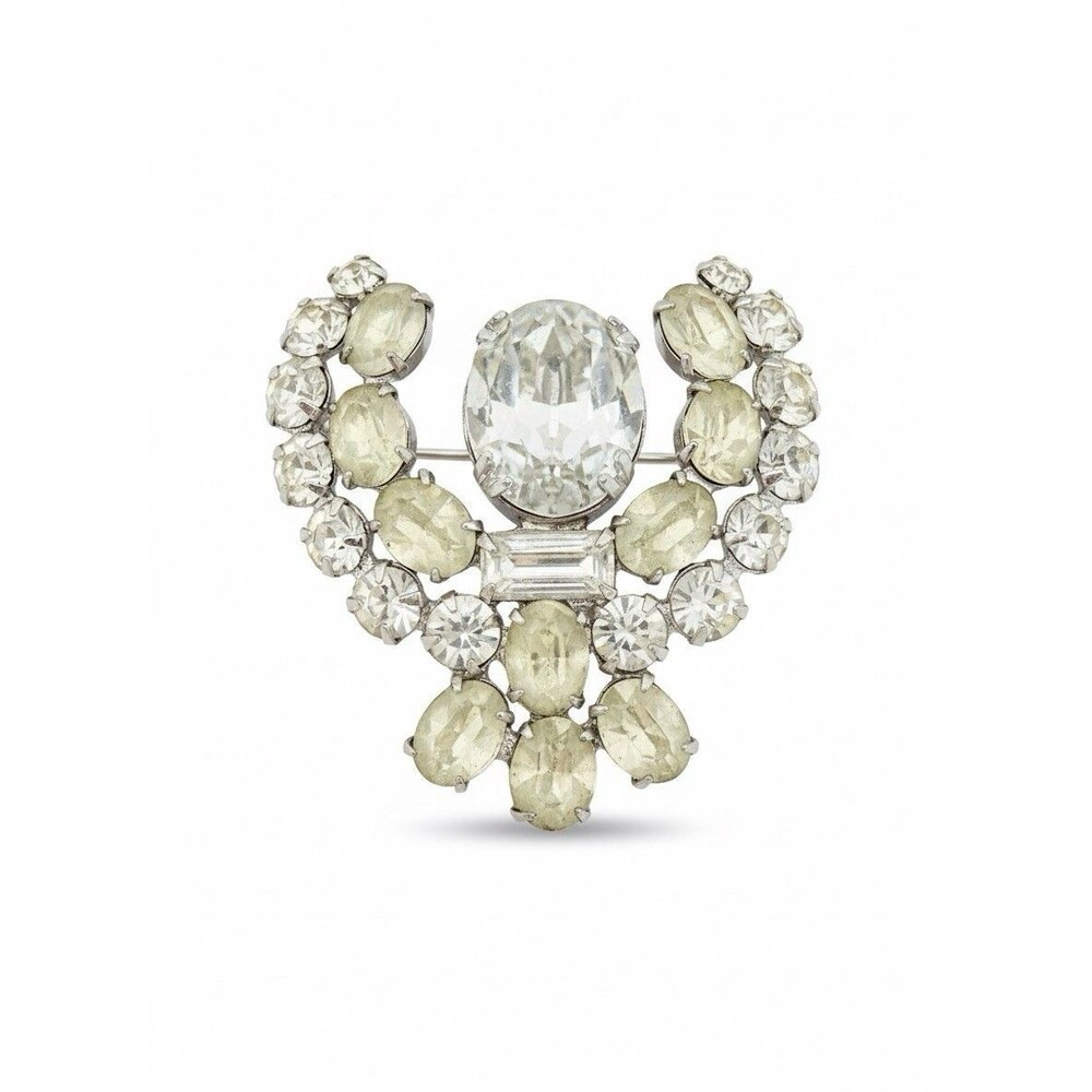 Vintage Clear Rhinestone Crescent Brooch Pin - Mid-Century Style Bridal Jewelry